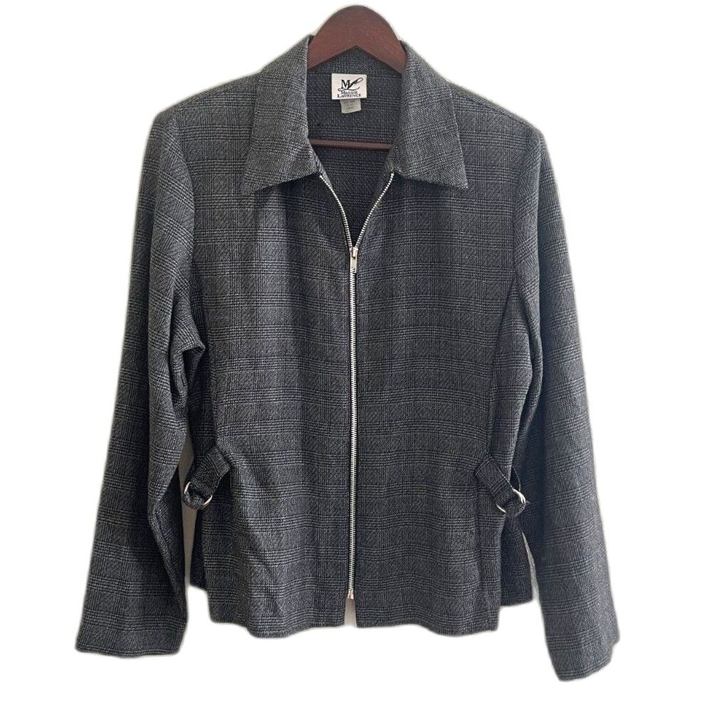 Vintage Maggie Lawrence Cinched Waist Gray Tweed Zip Front Blazer Size L USA